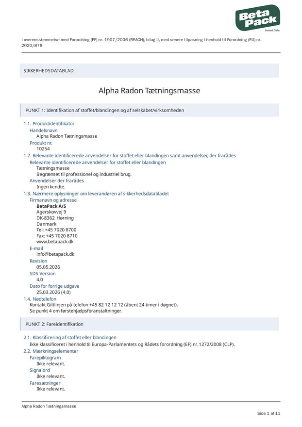 alpha Radon Tætningsmasse - sikkerhedsdatablad 