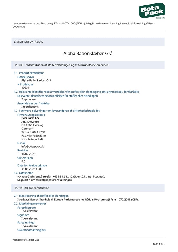 alpha Radonklæber - sikkerhedsdatablad 