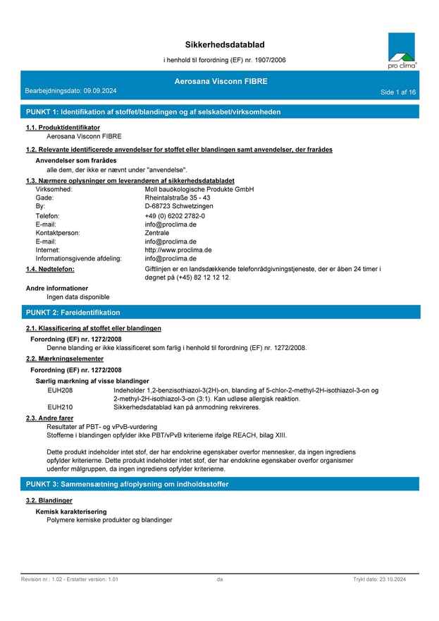 AEROSANA VISCONN FIBRE sikkerhedsdatablad 