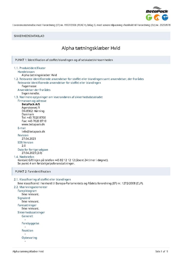 alpha tætningsklæber sikkerhedsdatablad 