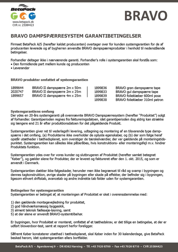 Bravo Dampspærresystem Garantibetingelser
