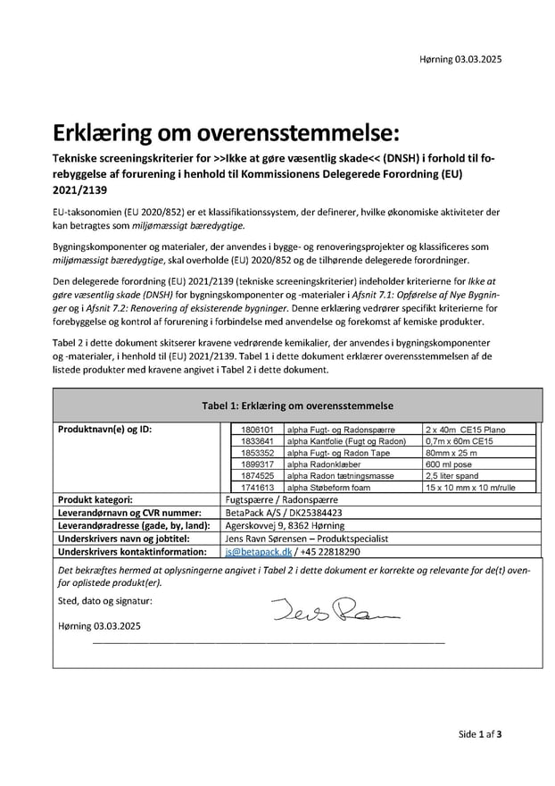 BetaPack taksonomideklaration - Radonspærresystem
