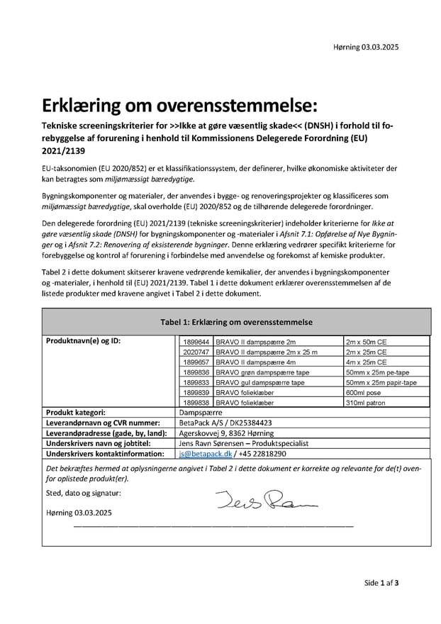 BetaPack taksonomideklaration - Bravo Dampspærresystem