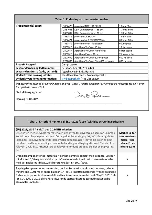 BetaPack taksonomideklaration - pro clima system