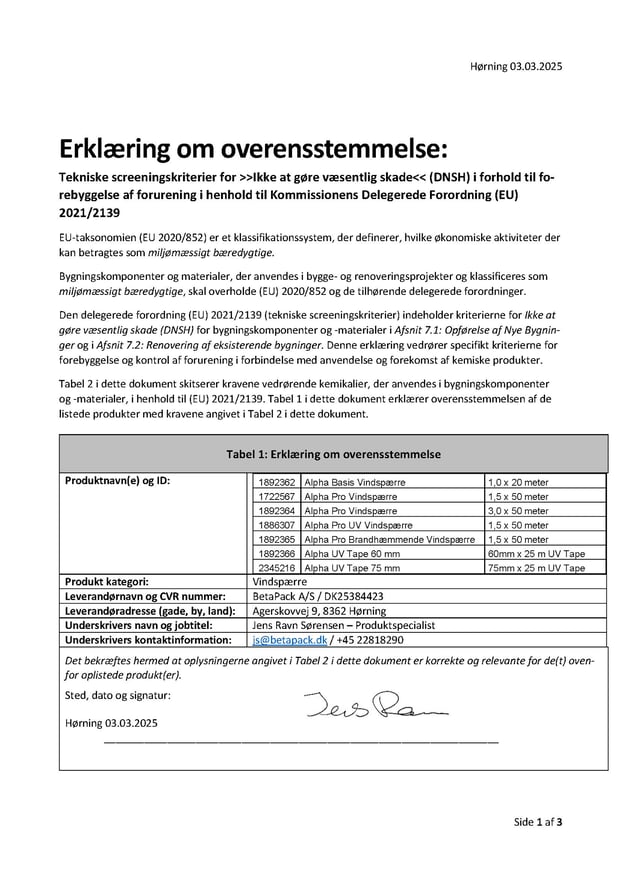 BetaPack taksonomideklaration - alpha Vindspærresystem