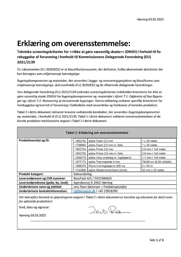 BetaPack taksonomideklaration - alpha gulvunderlagssystem