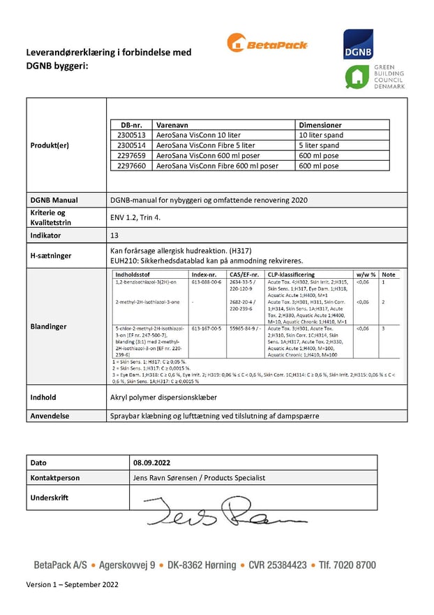 AEROSANA DGNB erklæring