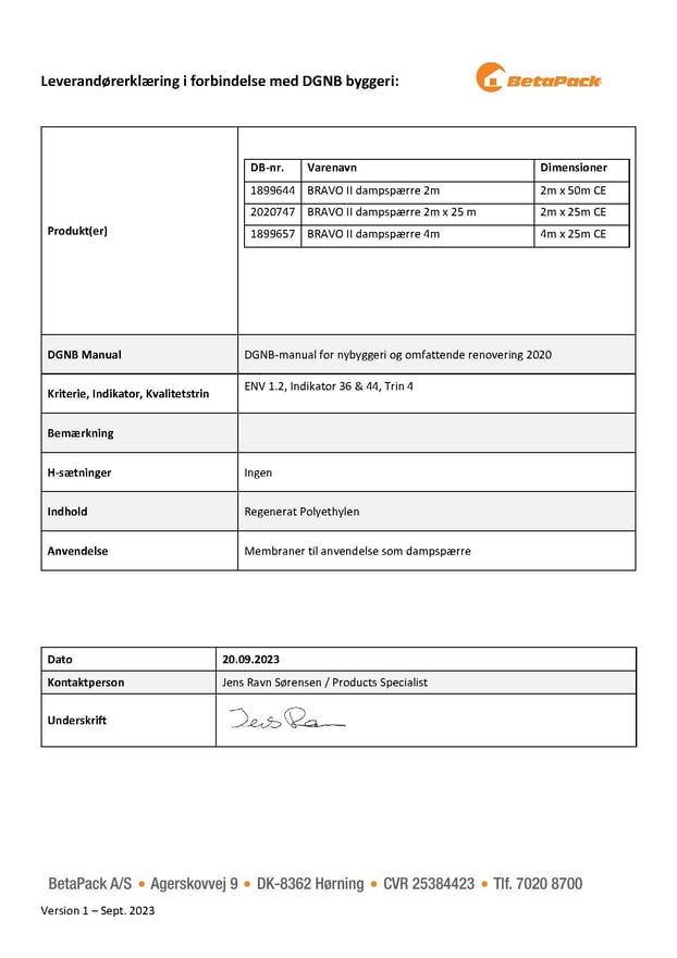 Bravo membraner DGNB erklæring