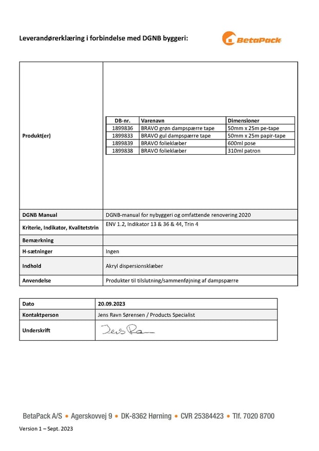 Bravo tilbehør DGNB erklæring