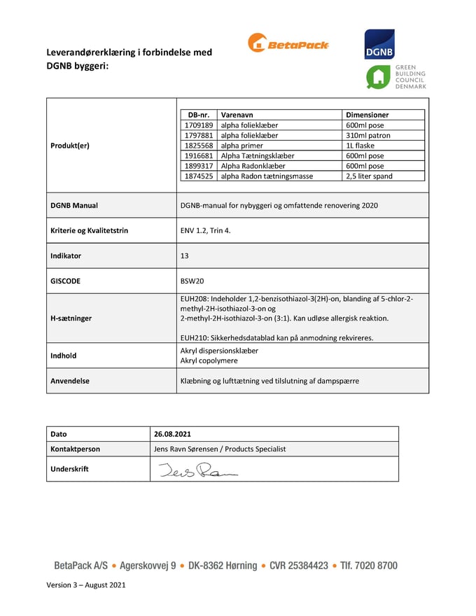 Folieklæber Primer og klæbere DGNB erklæring