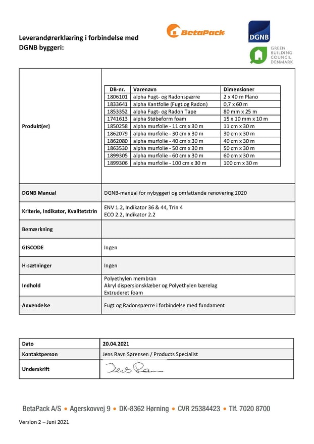 Fugt- og radonspærre DGNB erklæring