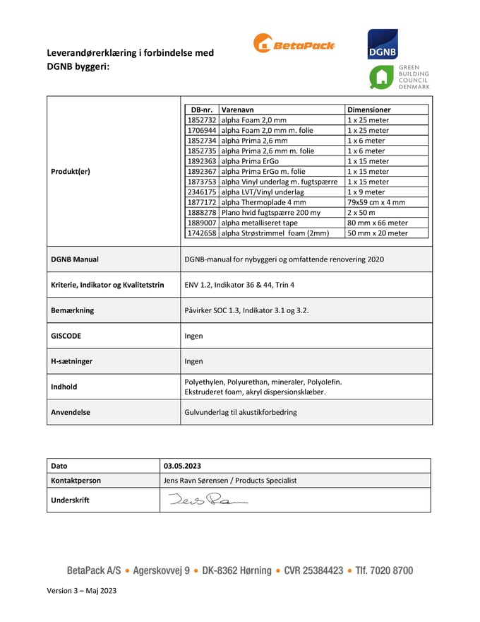 Gulvunderlag DGNB erklæring