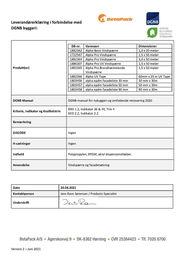 Vindspærre og facade DGNB erklæring