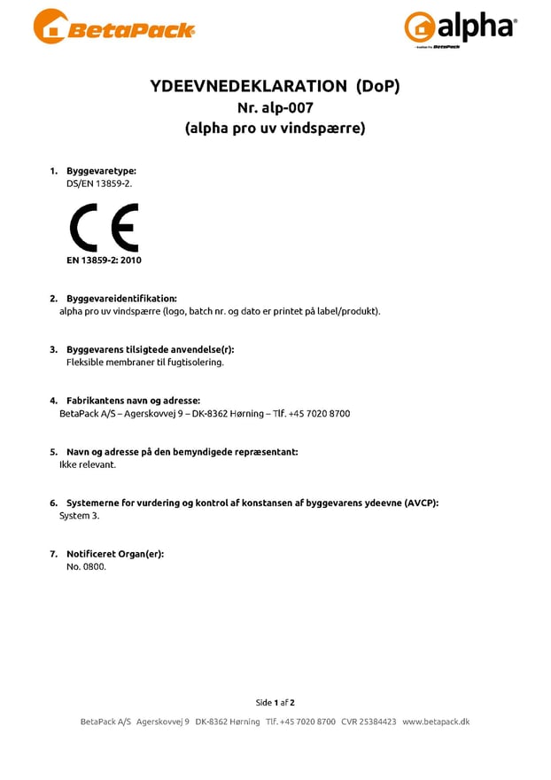 alpha pro UV vindspærre DoP