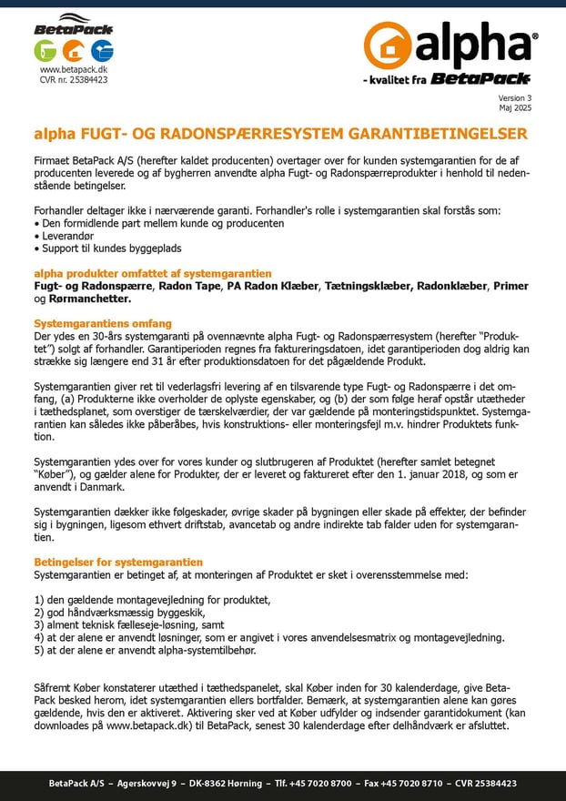 alpha fugt- og radon garantibetingelser 30 år