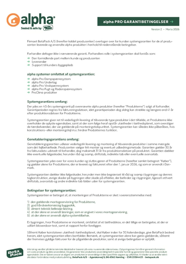 alpha Pro Garantibetingelser 2026