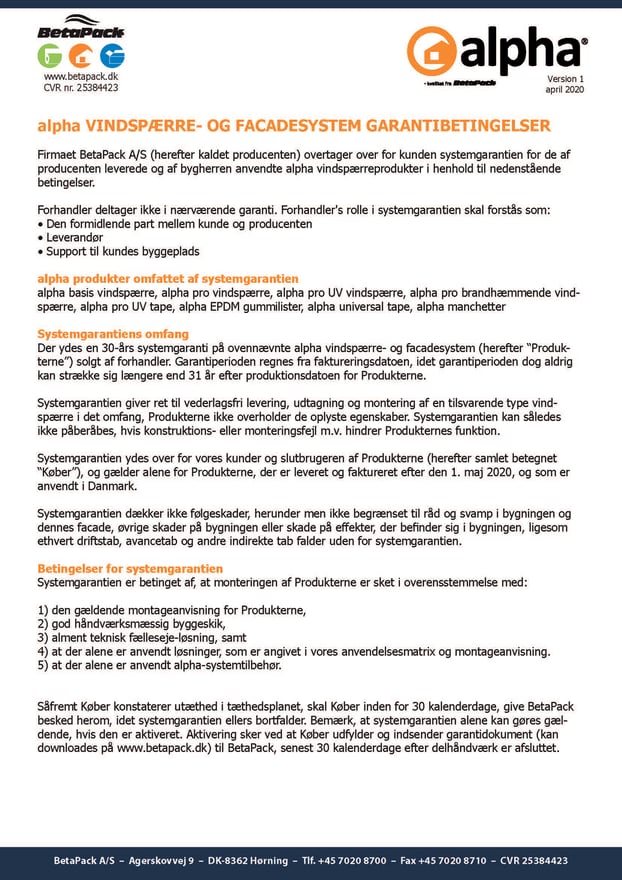 alpha vindspærre garantibetingelser 30 år 