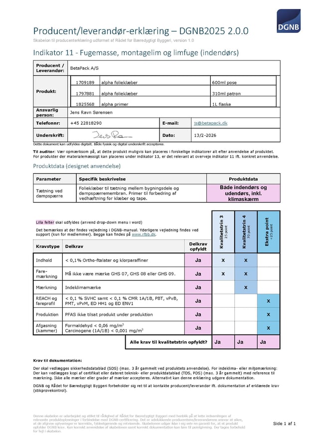DGNB Erklæring 2025 - Indikator 11 - alpha folieklæber og primer