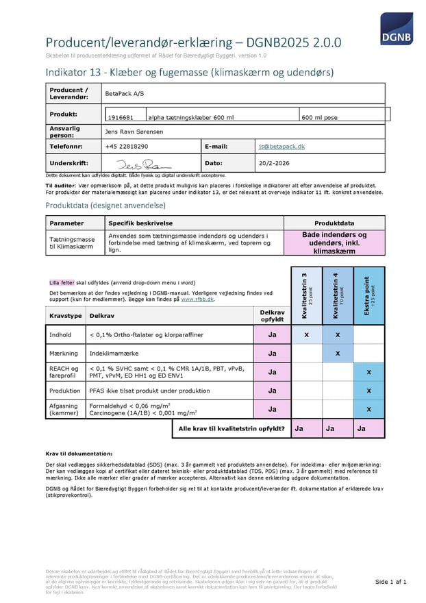 DGNB Erklæring 2025 - Indikator 13 - alpha tætningsklæber