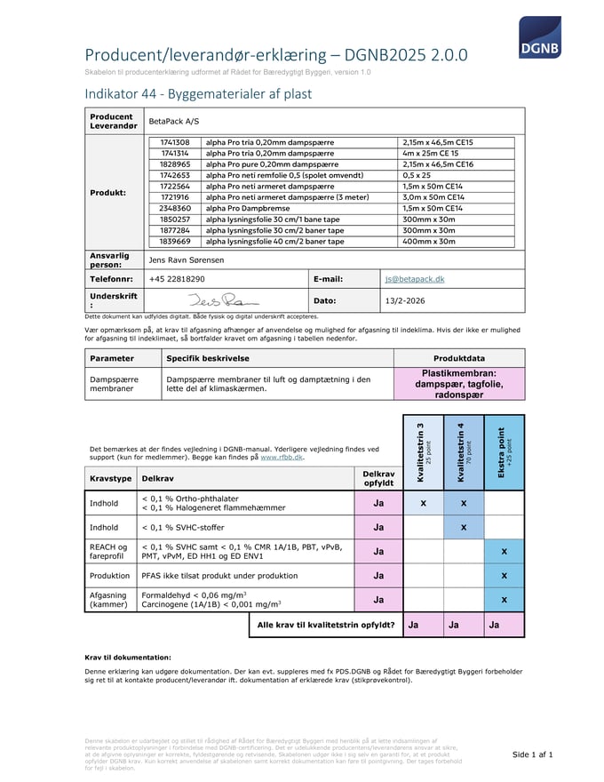 DGNB Erklæring 2025 - Indikator 44 - alpha dampspærre membraner