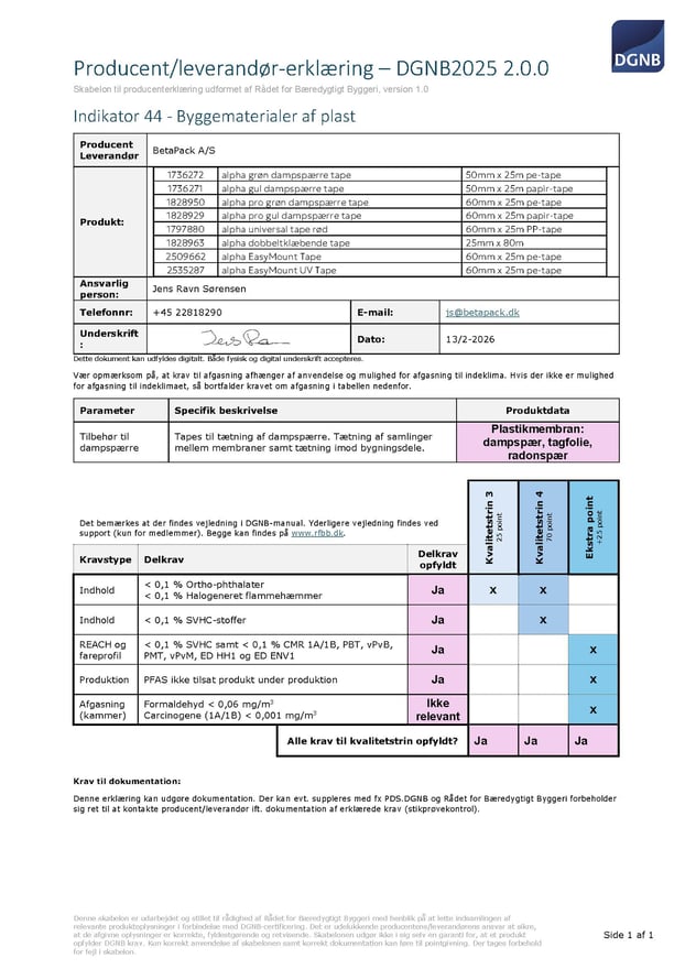DGNB Erklæring 2025 - Indikator 44 - alpha dampspærre tilbehør
