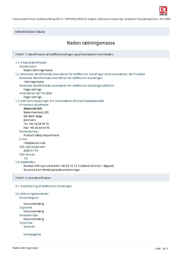 alpha radon tætningsmasse sikkerhedsdatablad 