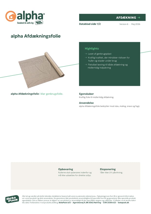 alpha Afdækningsfolie - datablad