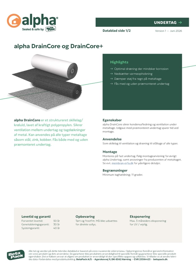 alpha DrainCore og DrainCore+ - Datablad