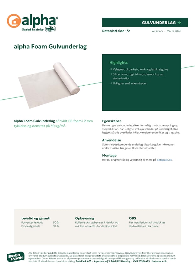 alpha Foam Gulvunderlag datablad