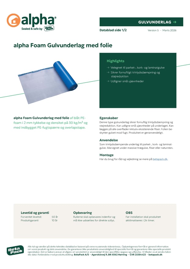 alpha Foam Gulvunderlag med folie datablad