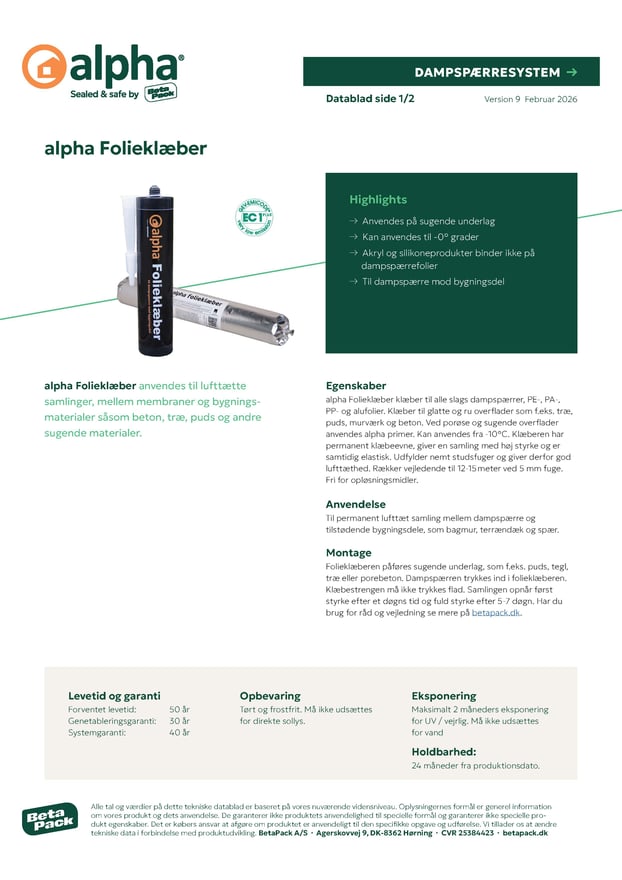 alpha Folieklæber - datablad