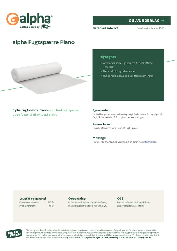 alpha Fugtspærre Plano datablad