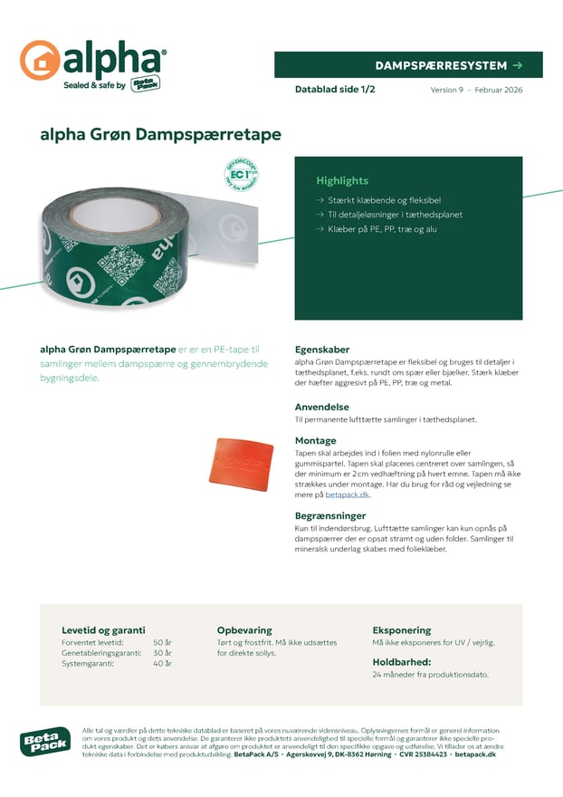 alpha Grøn Dampspærretape - datablad 