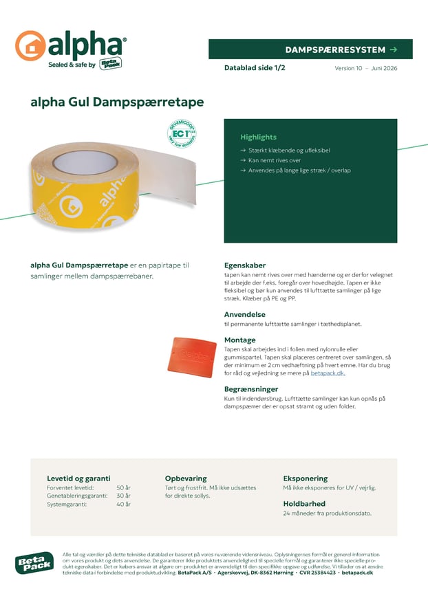alpha Gul Dampspærretape - datablad