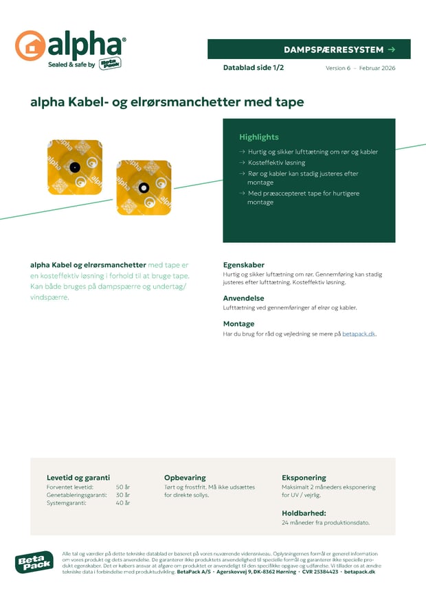 alpha Kabel- og elrørsmanchetter med tape - datablad