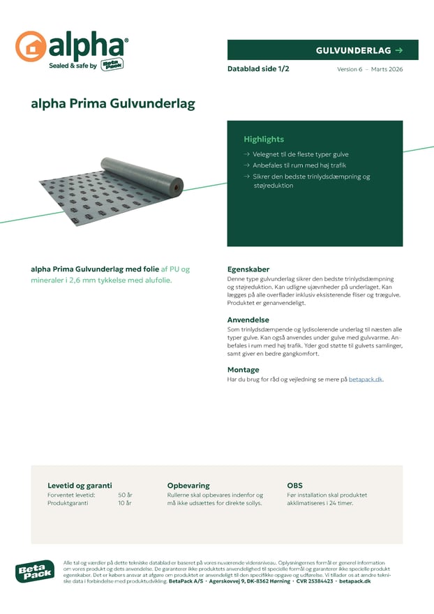 alpha Prima Gulvunderlag (uden folie) datablad