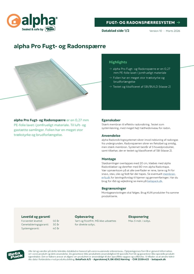 alpha Pro Fugt- og Radonspærre - datablad