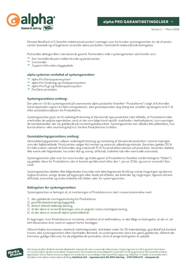 alpha Pro Garantibetingelser 2026
