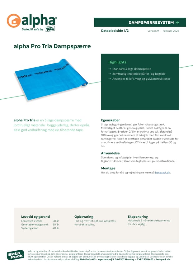 alpha Pro Tria Dampspærre - datablad
