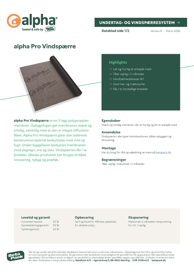 alpha Pro Vindspærre datablad