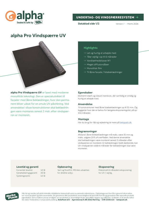 alpha Pro Vindspærre UV datablad