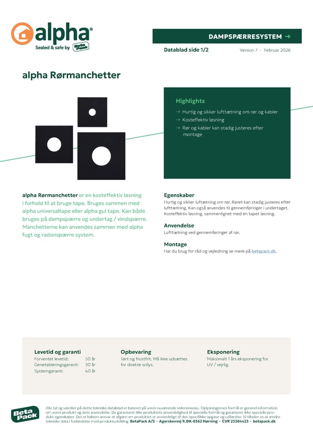 alpha Rørmanchetter - datablad