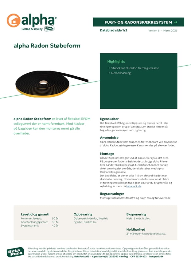 alpha Radon Støbeform datablad