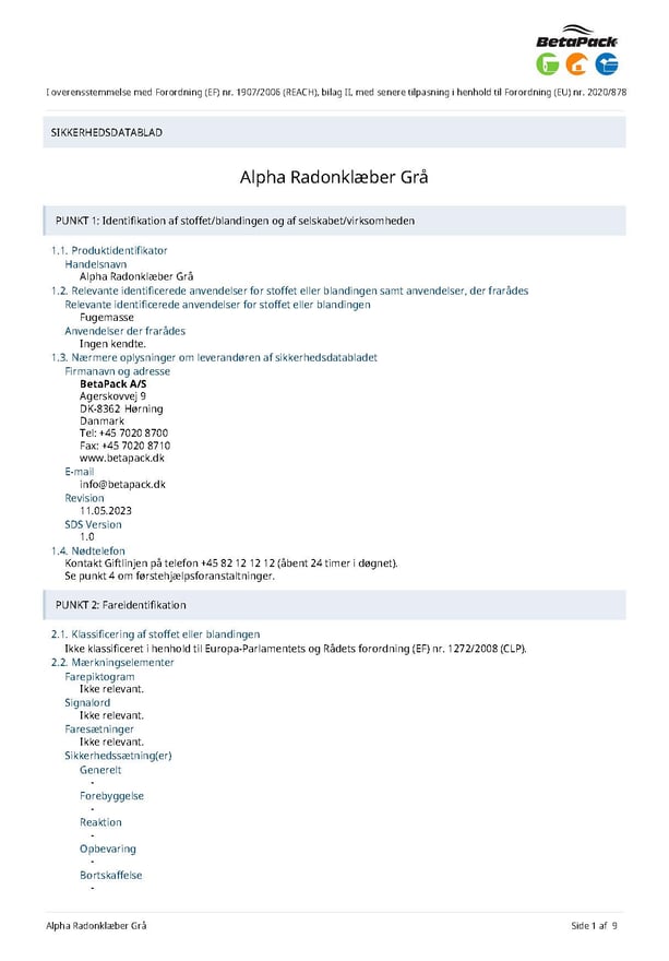 alpha radonklæber sikkerhedsdatablad 