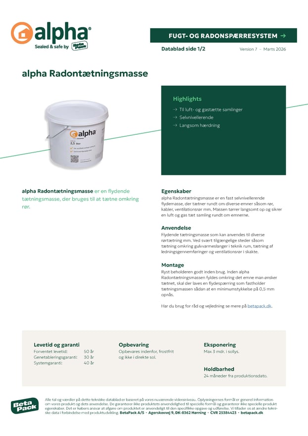 alpha Radontætningsmasse datablad