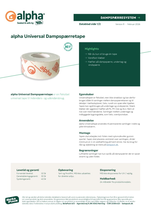 alpha Universal Dampspærretape - datablad