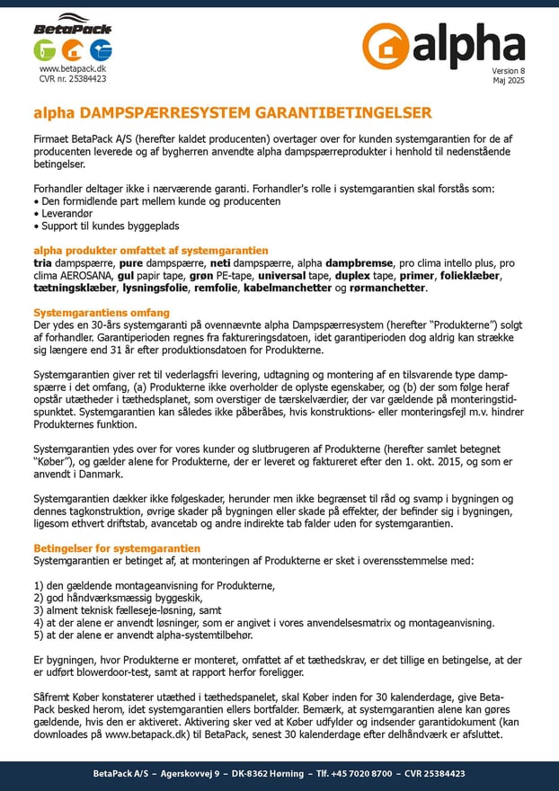 alpha dampspærresystem garantibetingelser