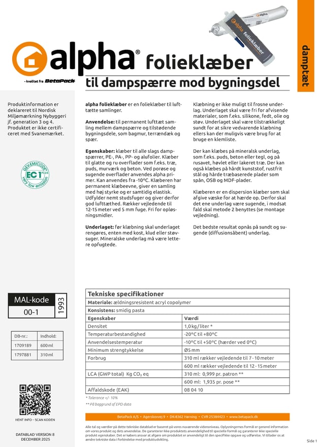 alpha folieklæber datablad