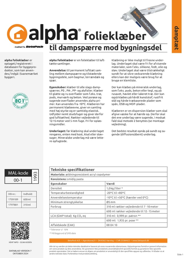 alpha folieklæber datablad