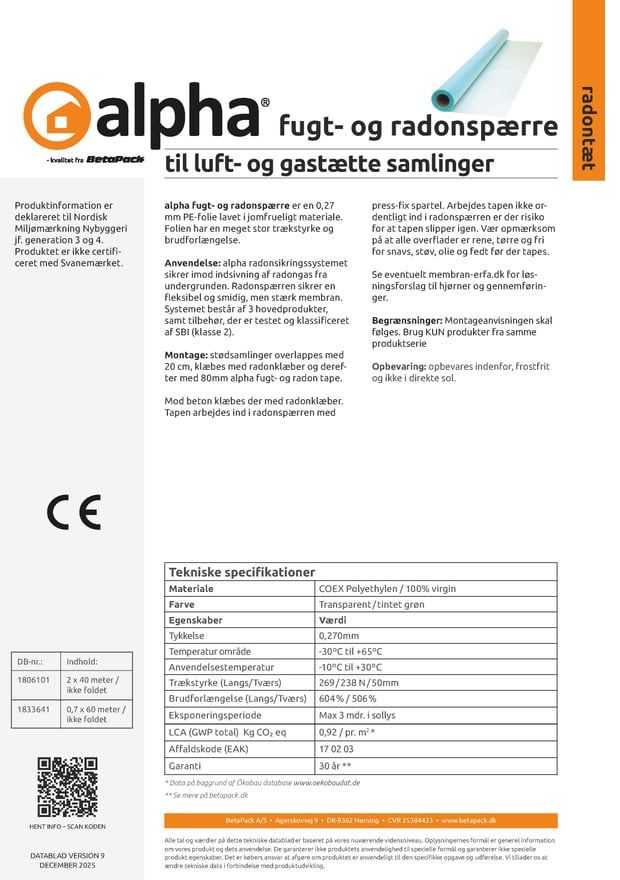alpha fugt- og radonspærre datablad
